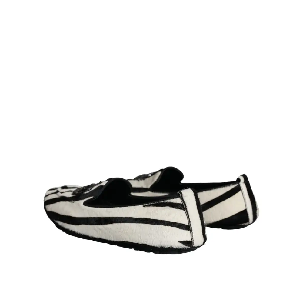 Dolce & Gabbana Schwarz Weiß Kalb Pelz Slip On Loafers Männer Schuhe - EU41/US8