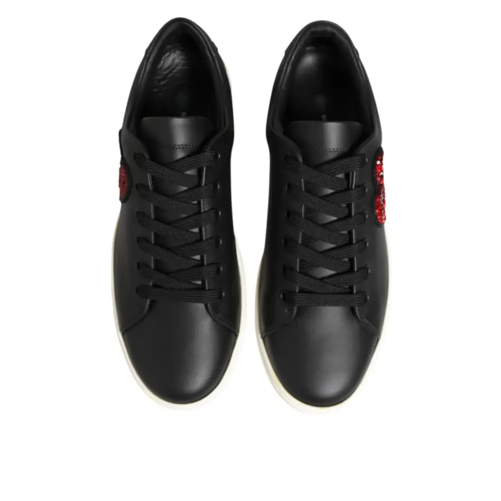 Dolce & Gabbana Schwarz Weiß Leder Kristall Herz Turnschuhe Schuhe - EU39/US8.5