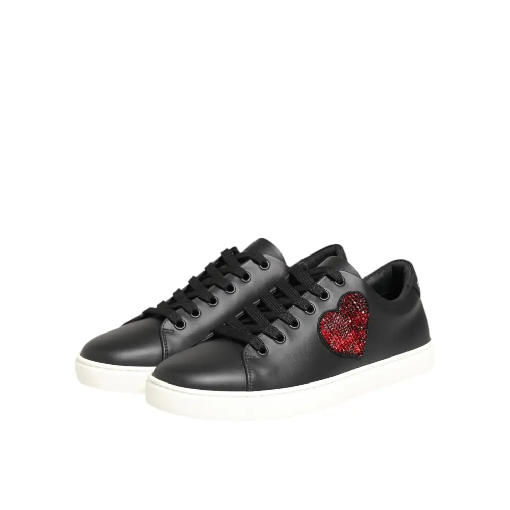 Dolce & Gabbana Schwarz Weiß Leder Kristall Herz Turnschuhe Schuhe - EU39/US8.5