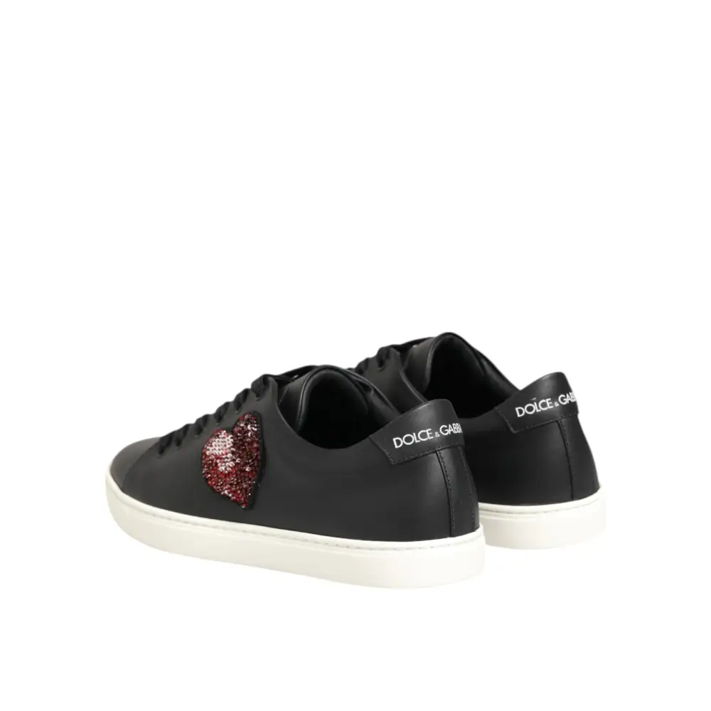 Dolce & Gabbana Schwarz Weiß Leder Kristall Herz Turnschuhe Schuhe - EU39/US8.5