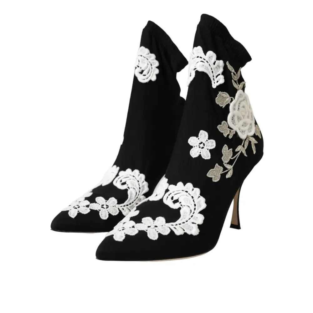 Dolce & Gabbana Schwarz Weiß Stickerei Slip On Stiefel Schuhe