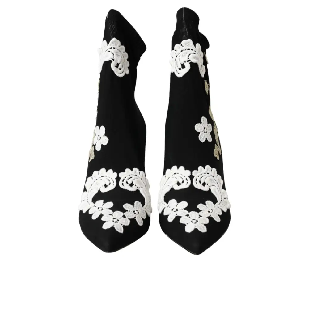 Dolce & Gabbana Schwarz Weiß Stickerei Slip On Stiefel Schuhe