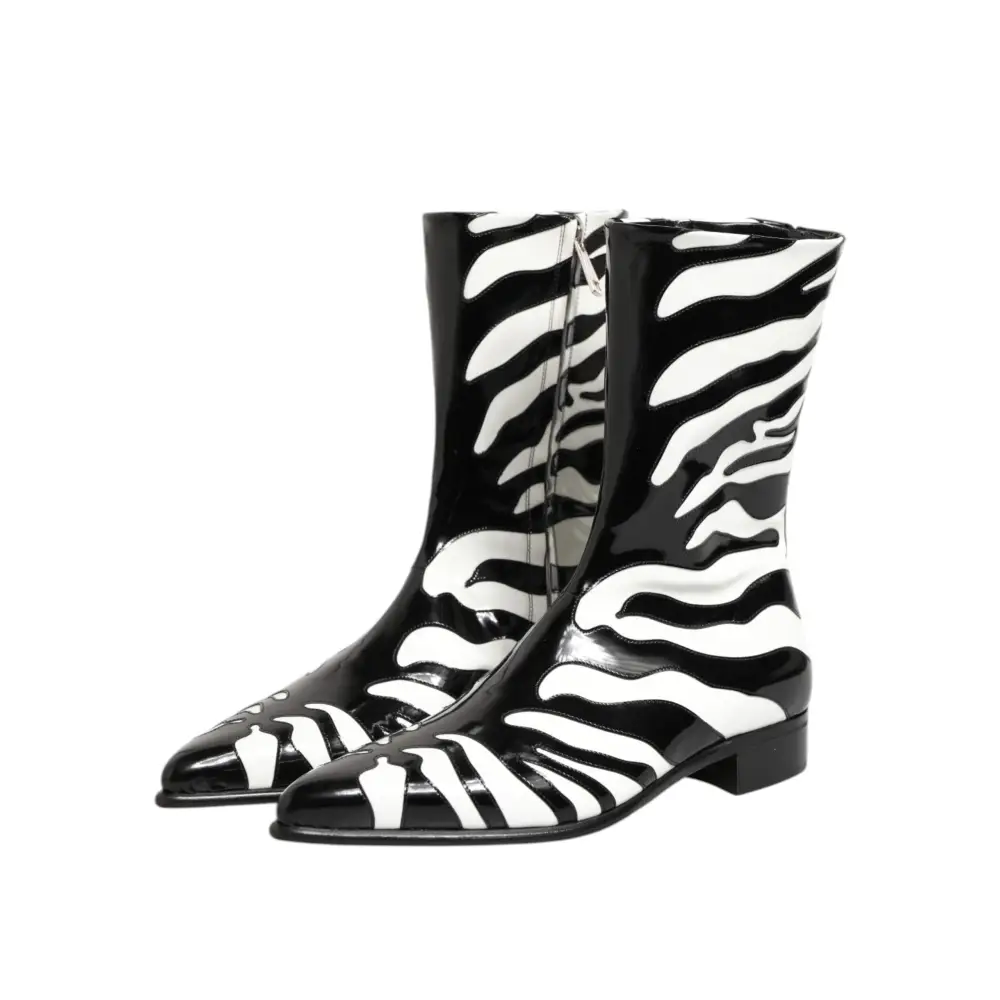 Dolce & Gabbana Schwarz Weiß Zebra Leder Mid Calf Stiefel Schuhe - EU44/US11