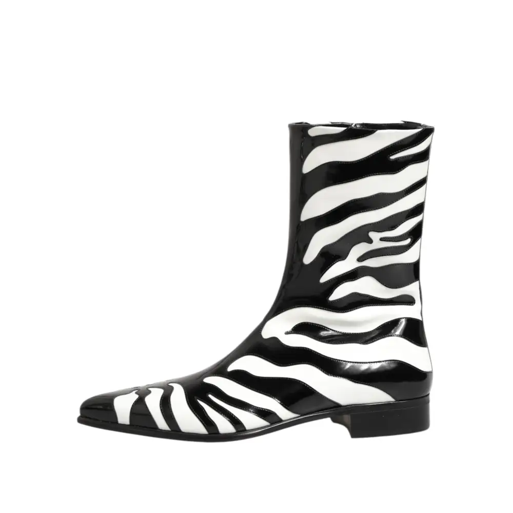 Dolce & Gabbana Schwarz Weiß Zebra Leder Mid Calf Stiefel Schuhe - EU44/US11