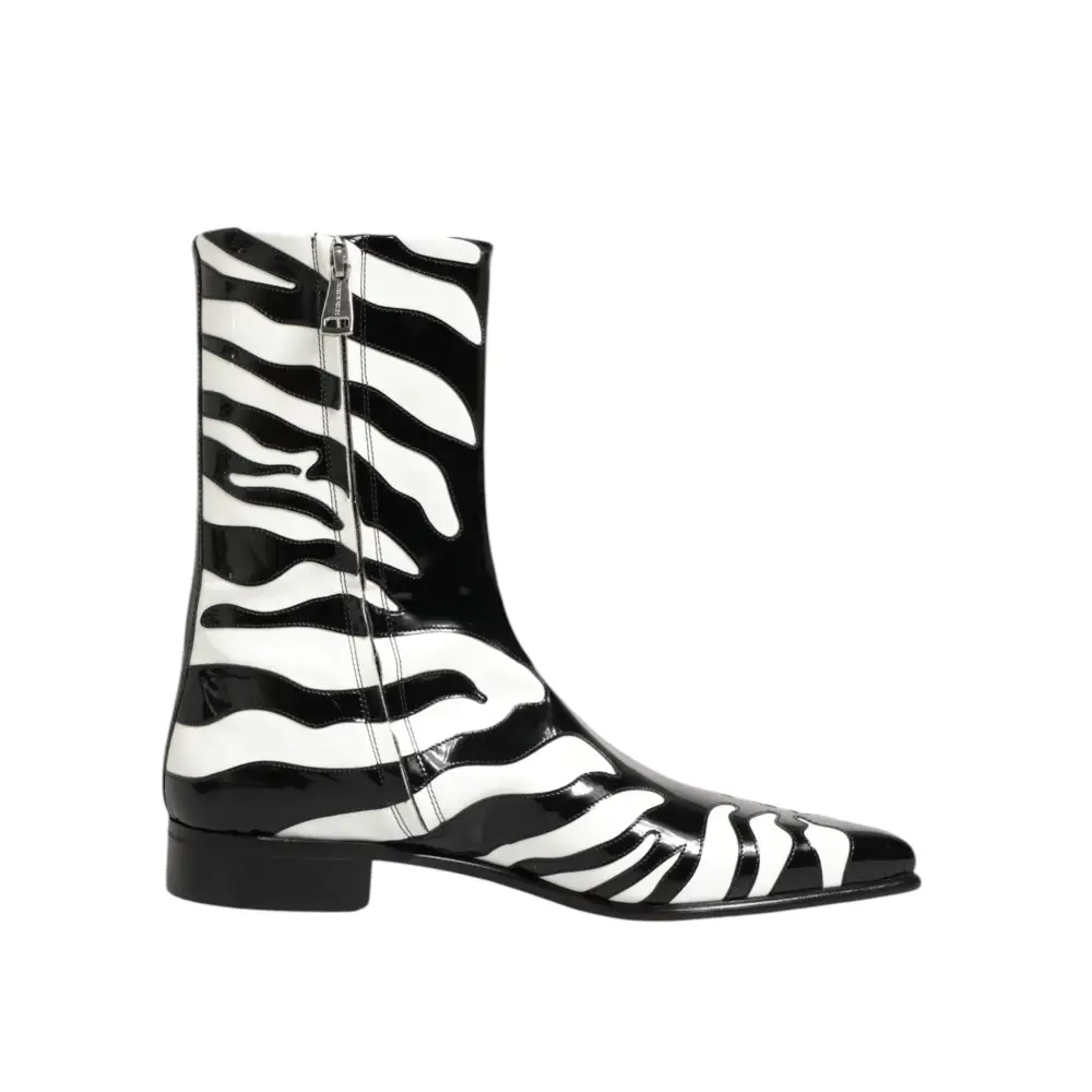 Dolce & Gabbana Schwarz Weiß Zebra Leder Mid Calf Stiefel Schuhe - EU44/US11