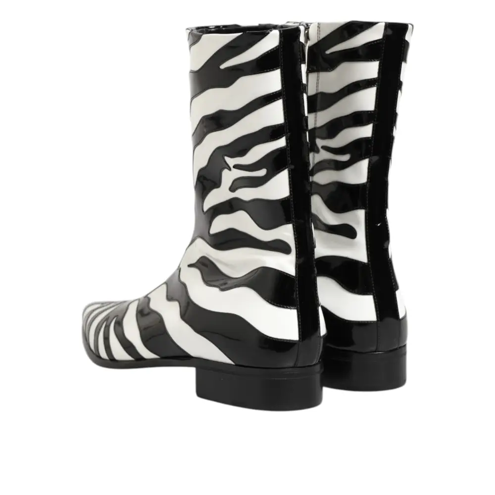 Dolce & Gabbana Schwarz Weiß Zebra Leder Mid Calf Stiefel Schuhe - EU44/US11