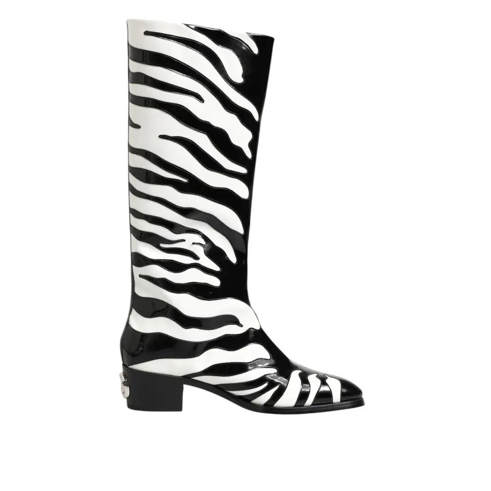 Dolce & Gabbana Schwarz Weiß Zebra Over The Calf Stiefel Schuhe - EU44/US11