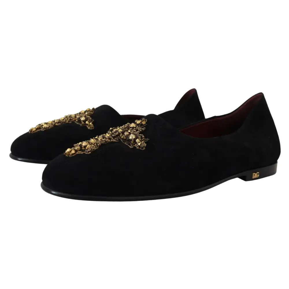 Dolce & Gabbana Schwarz Wildleder Gold Kreuz Slip On Loafers Schuhe