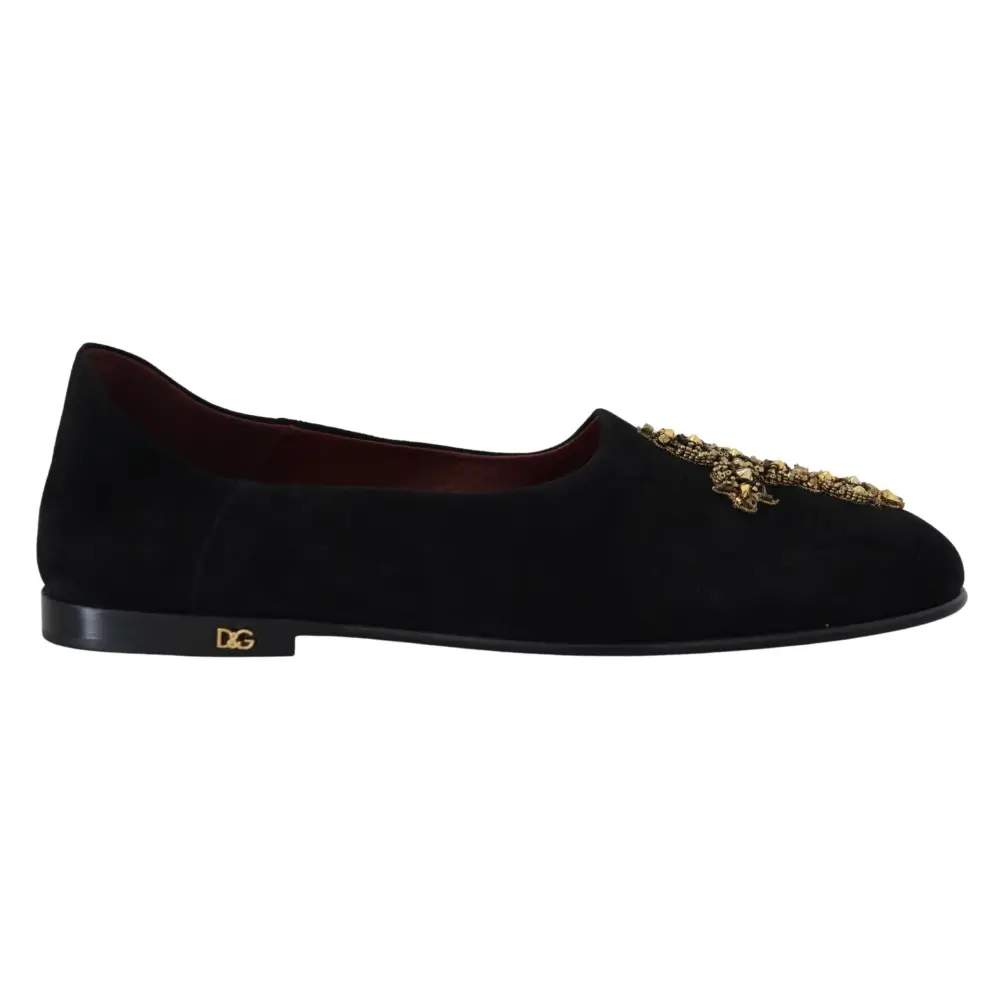 Dolce & Gabbana Schwarz Wildleder Gold Kreuz Slip On Loafers Schuhe