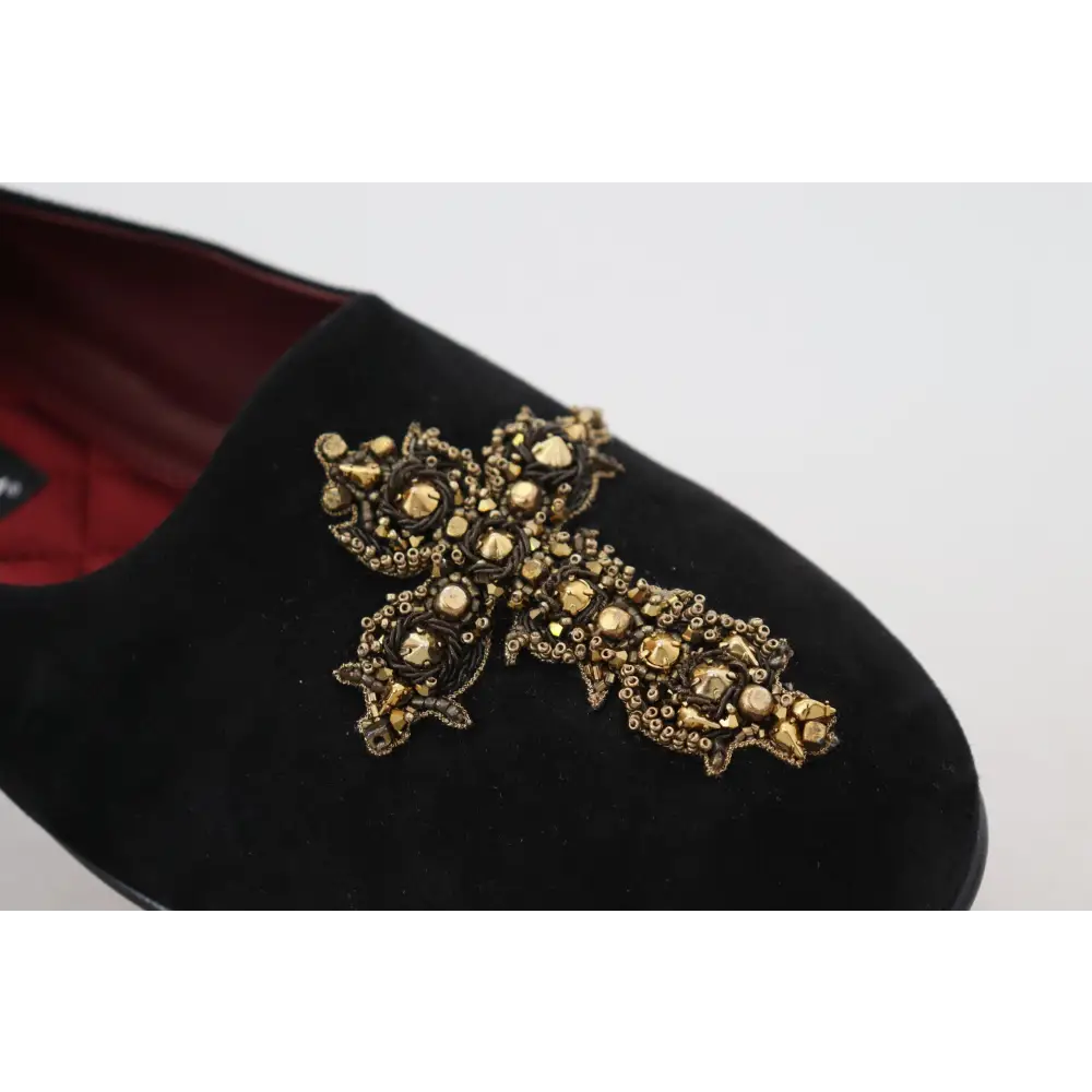 Dolce & Gabbana Schwarz Wildleder Gold Kreuz Slip On Loafers Schuhe
