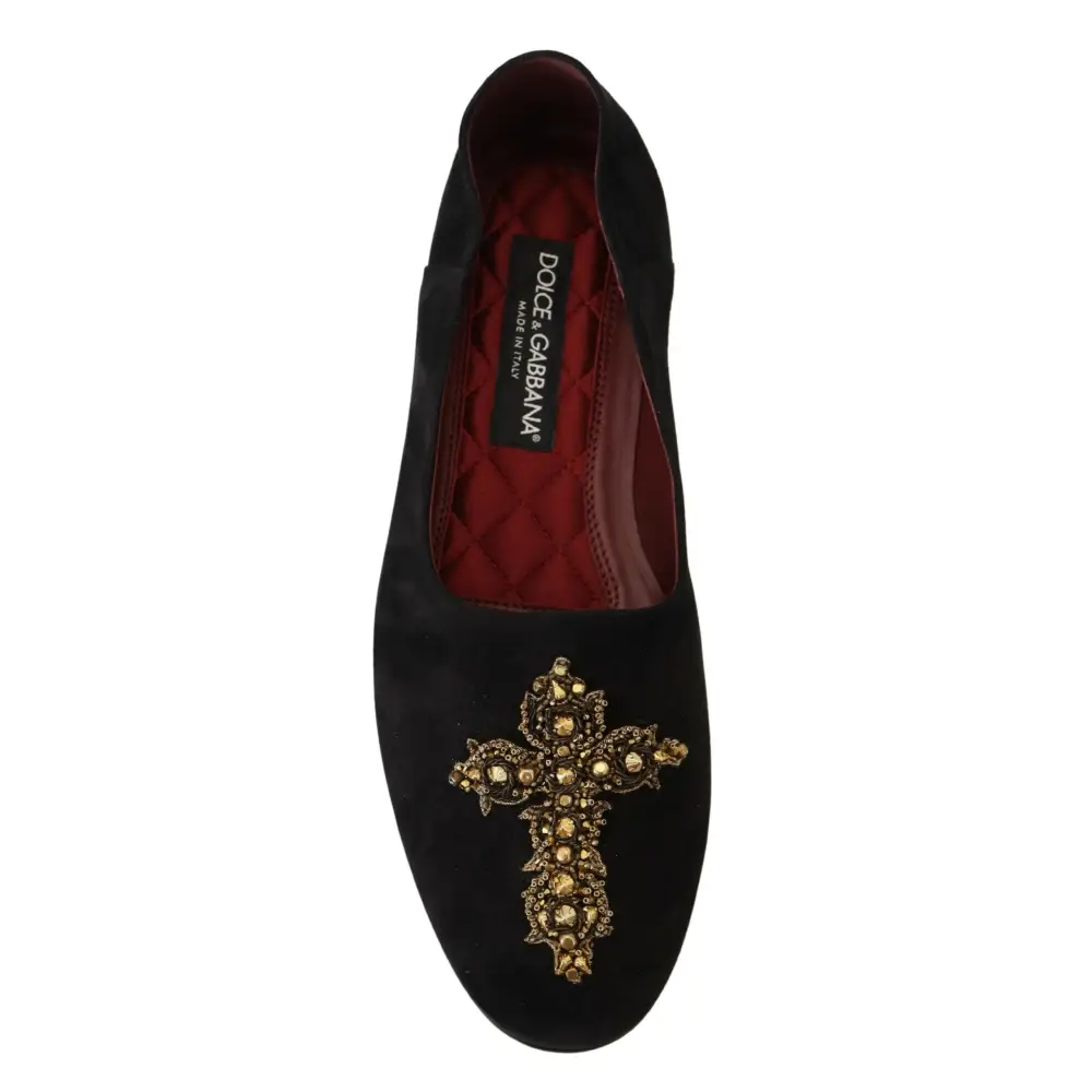 Dolce & Gabbana Schwarz Wildleder Gold Kreuz Slip On Loafers Schuhe