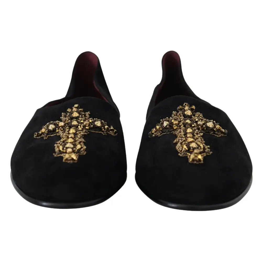 Dolce & Gabbana Schwarz Wildleder Gold Kreuz Slip On Loafers Schuhe