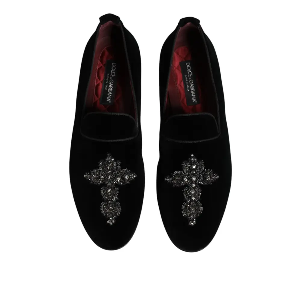 Dolce & Gabbana Schwarz Wildleder Kreuz Slip On Loafers Kleid Schuhe