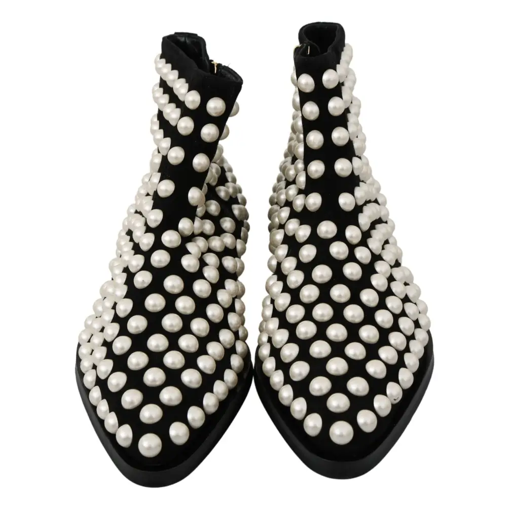 Dolce & Gabbana Schwarz Wildleder Perlen Nieten Stiefel Schuhe - EU39/US8.5