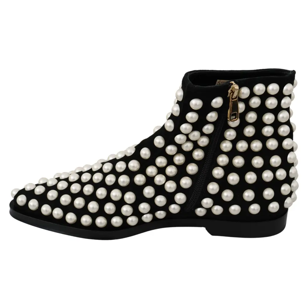 Dolce & Gabbana Schwarz Wildleder Perlen Nieten Stiefel Schuhe - EU39/US8.5