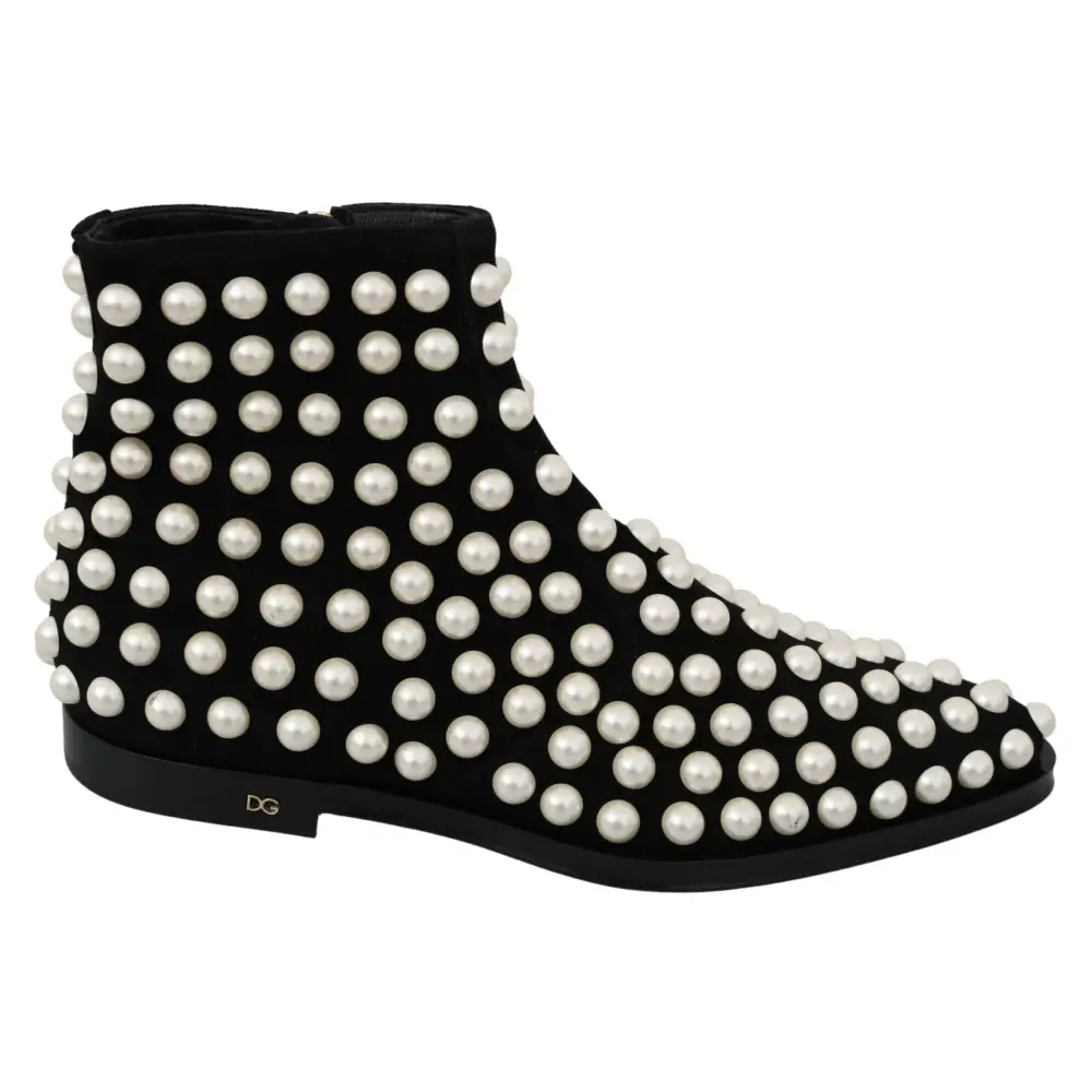 Dolce & Gabbana Schwarz Wildleder Perlen Nieten Stiefel Schuhe - EU39/US8.5