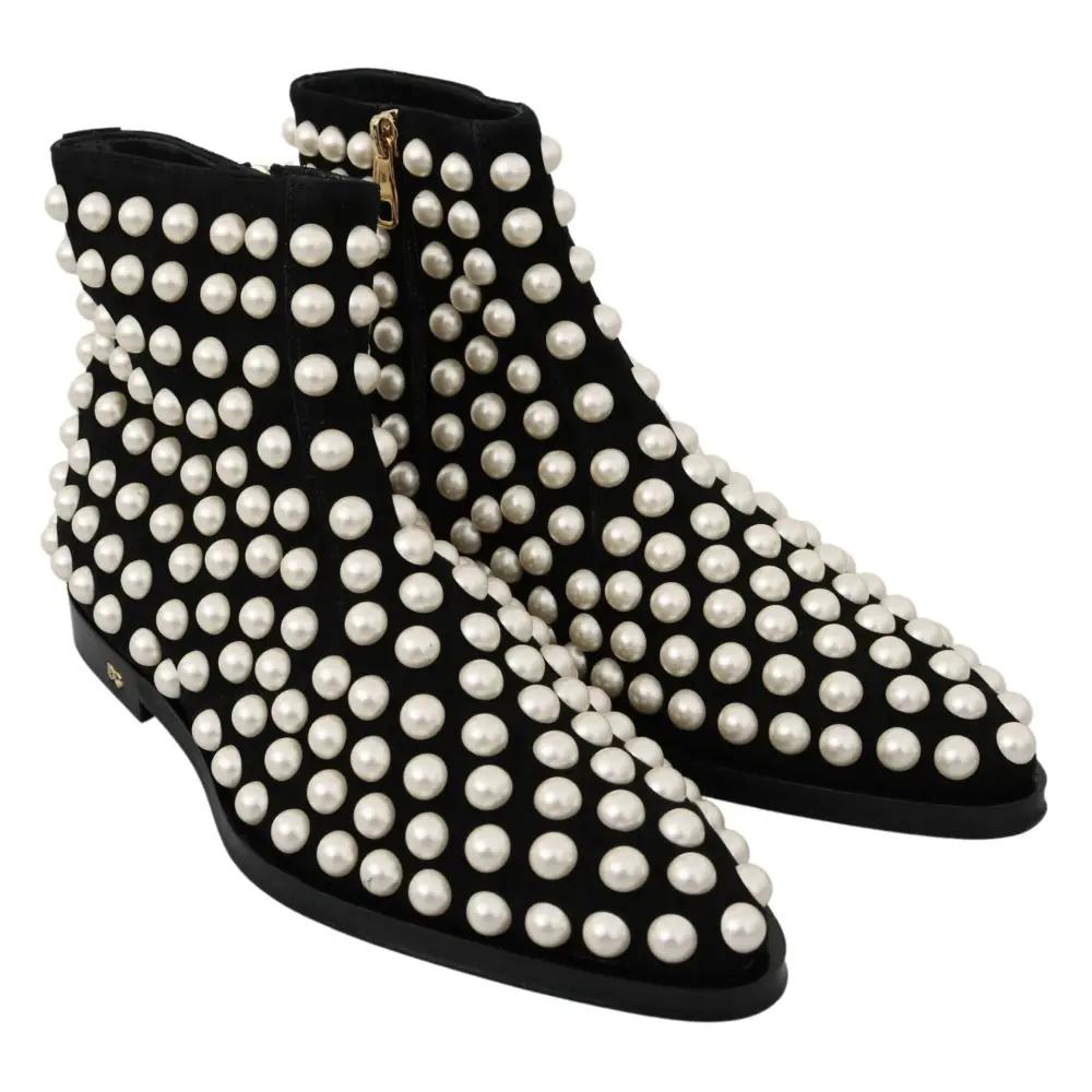 Dolce & Gabbana Schwarz Wildleder Perlen Nieten Stiefel Schuhe - EU39/US8.5