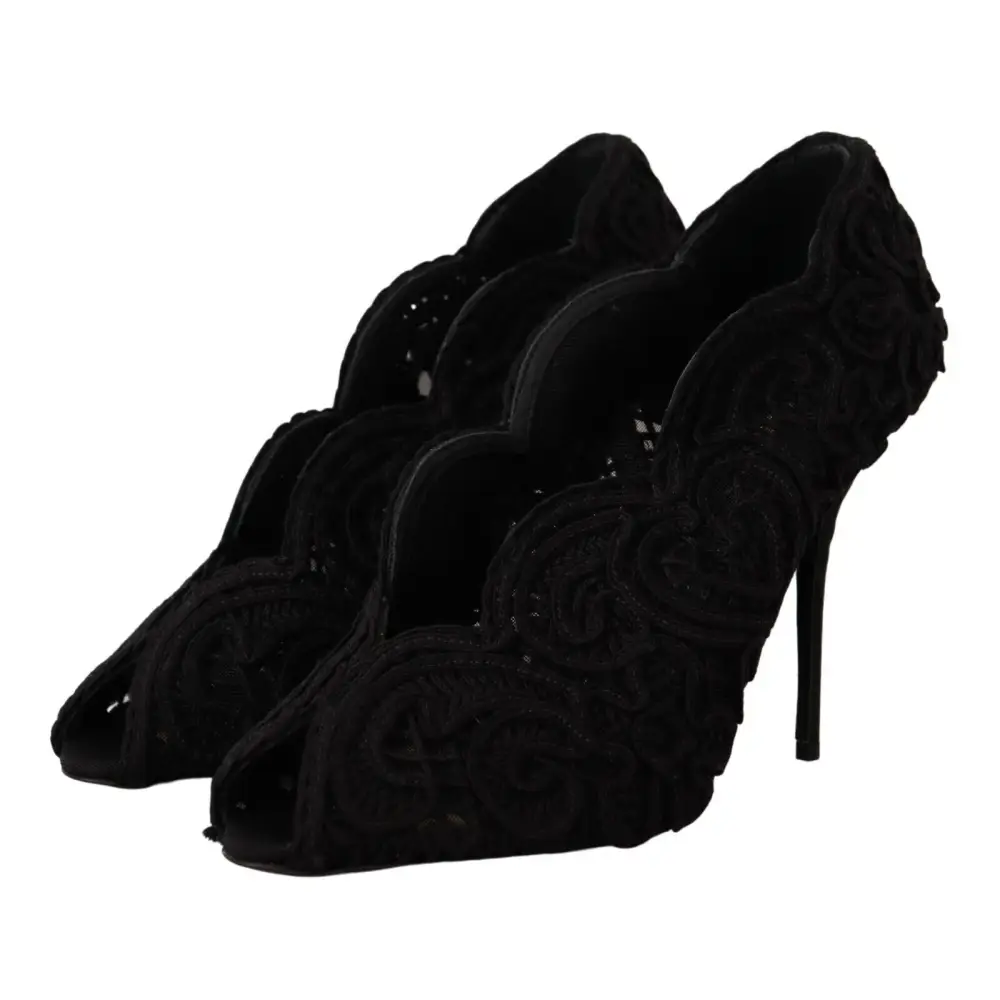 Dolce & Gabbana Schwarze Cordonetto Ricamo Pumps Offene Zehen Schuhe - EU40/US9.5