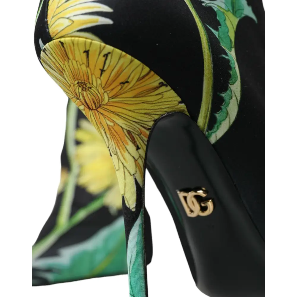 Dolce & Gabbana Schwarze geblümte Jersey Stretch-Stiefel Schuhe - EU39/US8.5