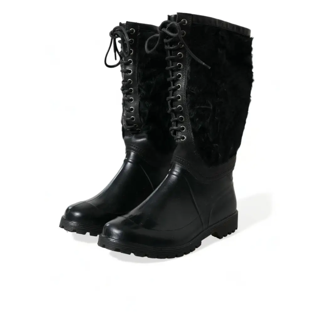 Dolce & Gabbana Schwarze Gummischnürsenkel Shearling Regenstiefel Schuhe