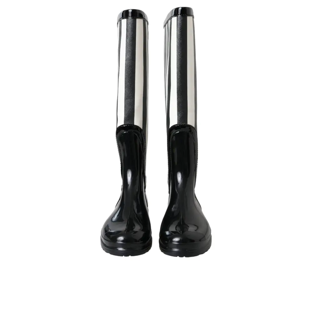 Dolce & Gabbana Schwarze kniehohe flache Gummistiefel Schuhe
