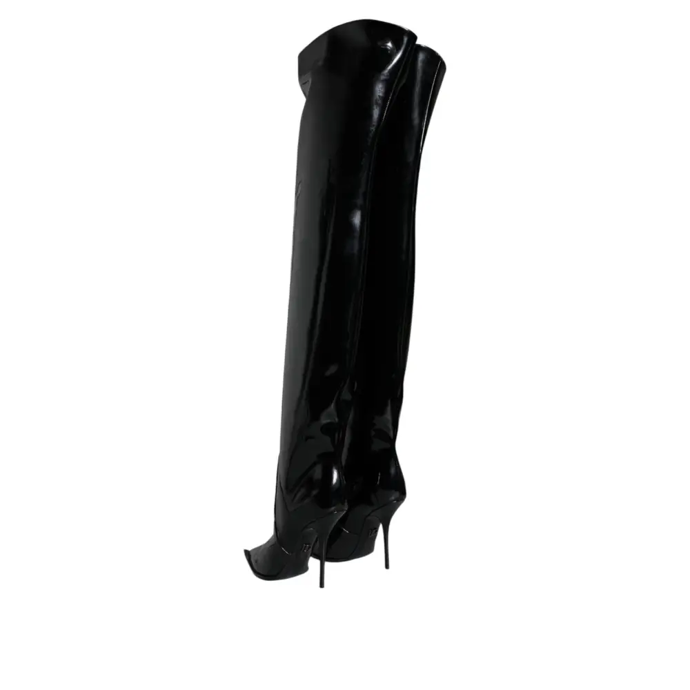 Dolce & Gabbana Schwarze Lackleder Kniehohe Stiefel Schuhe - EU37/US7