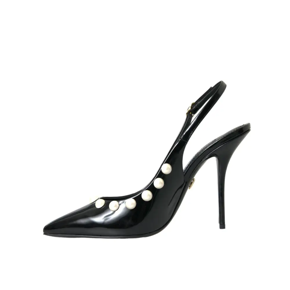 Dolce & Gabbana Schwarze Leder Faux Perle Ferse Slingback Schuhe - EU40/US9.5