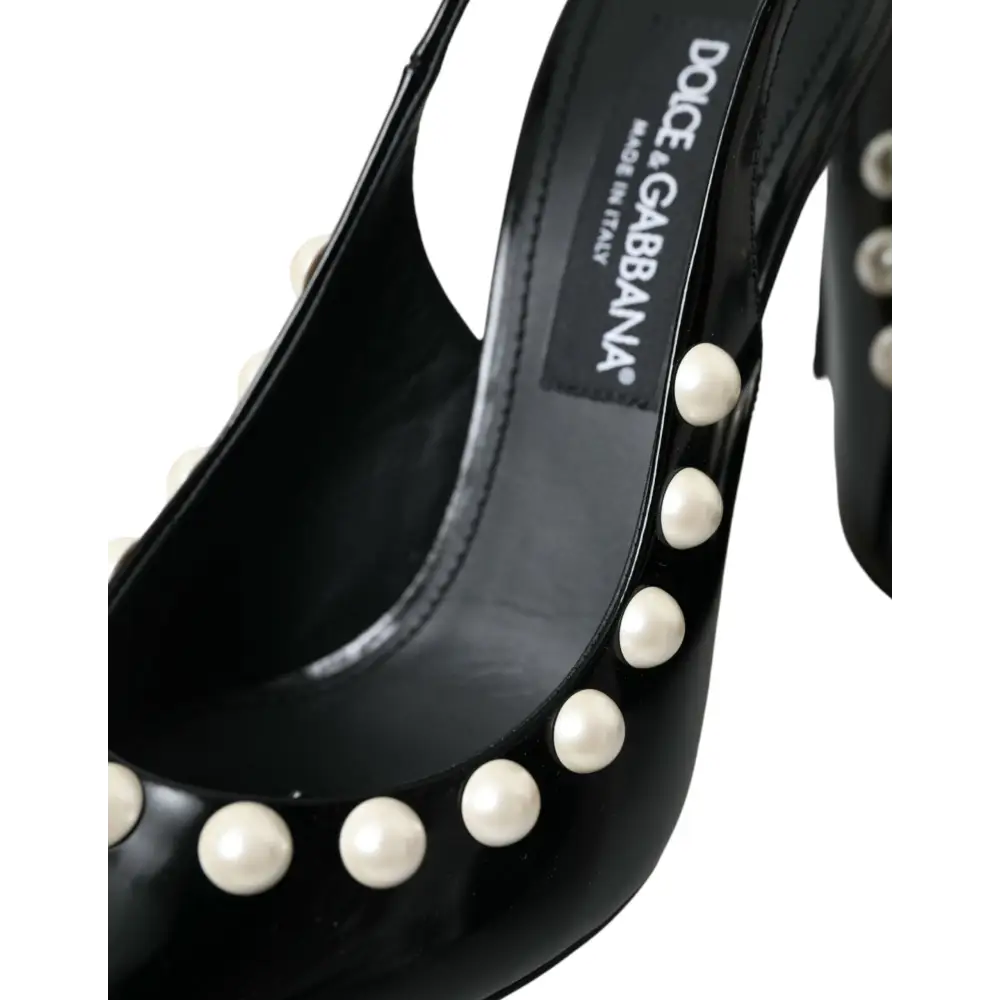 Dolce & Gabbana Schwarze Leder Faux Perle Ferse Slingback Schuhe - EU40/US9.5