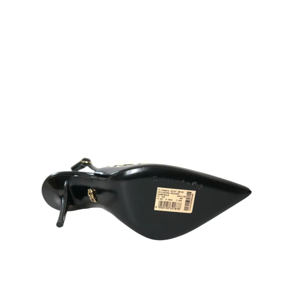 Dolce & Gabbana Schwarze Leder Faux Perle Ferse Slingback Schuhe - EU40/US9.5