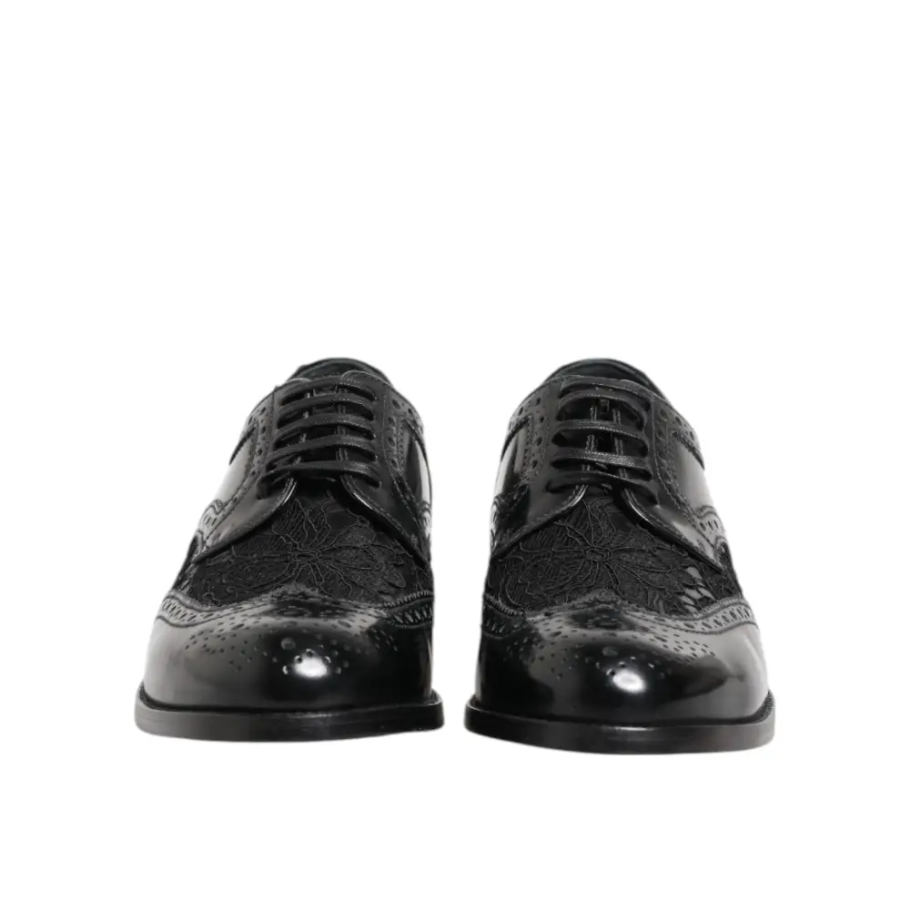 Dolce & Gabbana Schwarze Leder Floral Spitze Kleid Formelle Schuhe - EU38/US7.5