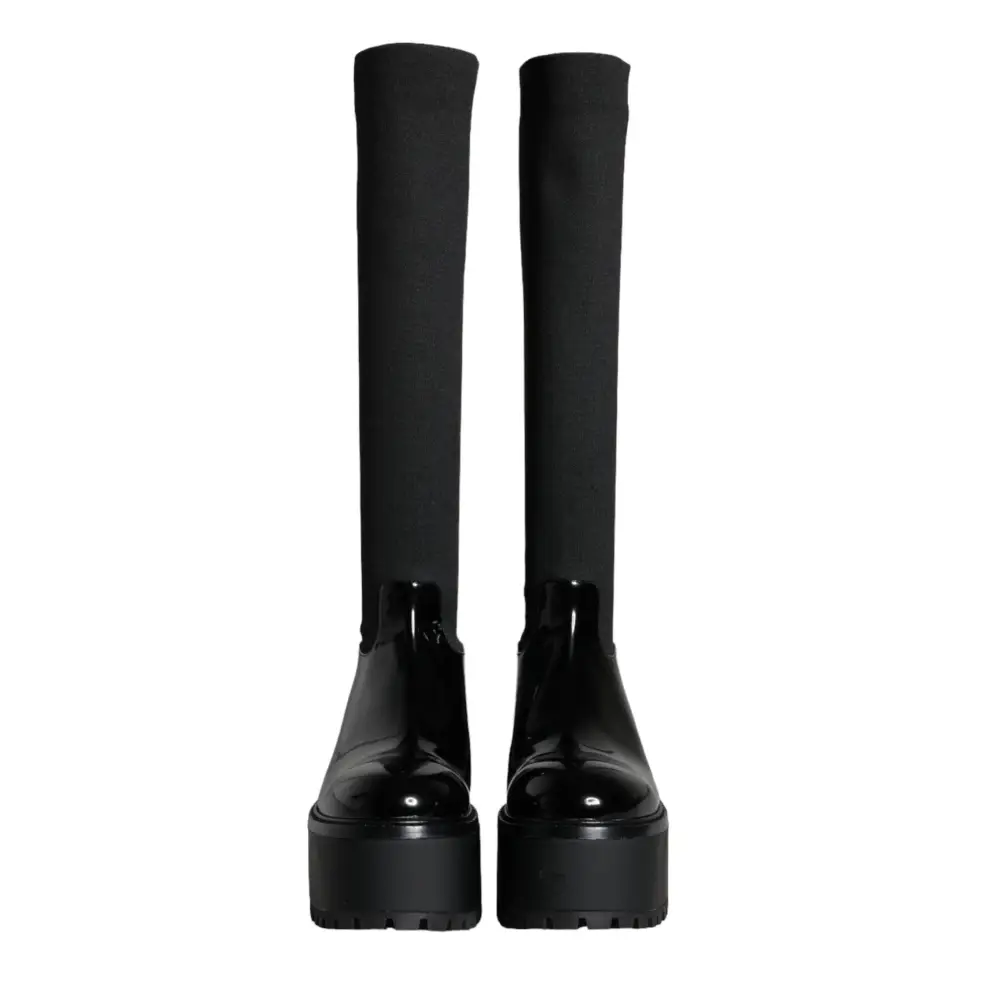 Dolce & Gabbana Schwarze Leder Jersey Kniehohe Stiefel Schuhe - EU39/US8.5