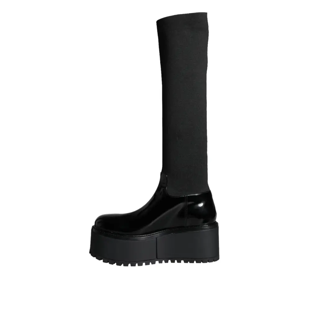 Dolce & Gabbana Schwarze Leder Jersey Kniehohe Stiefel Schuhe - EU39/US8.5