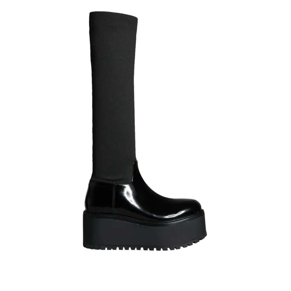 Dolce & Gabbana Schwarze Leder Jersey Kniehohe Stiefel Schuhe - EU39/US8.5