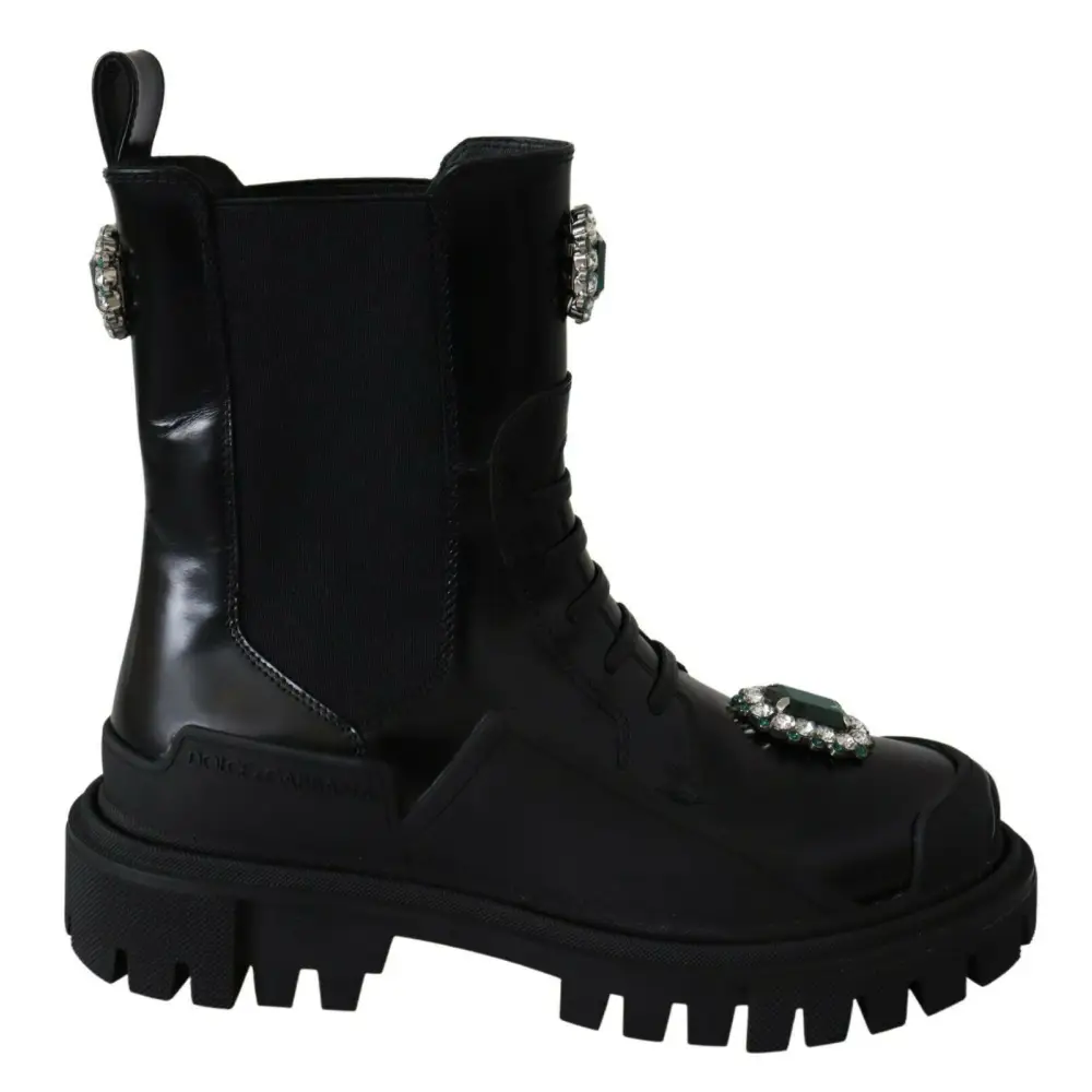 Dolce & Gabbana Schwarze Leder-Kristall-Kampfstiefel - EU35/US4.5