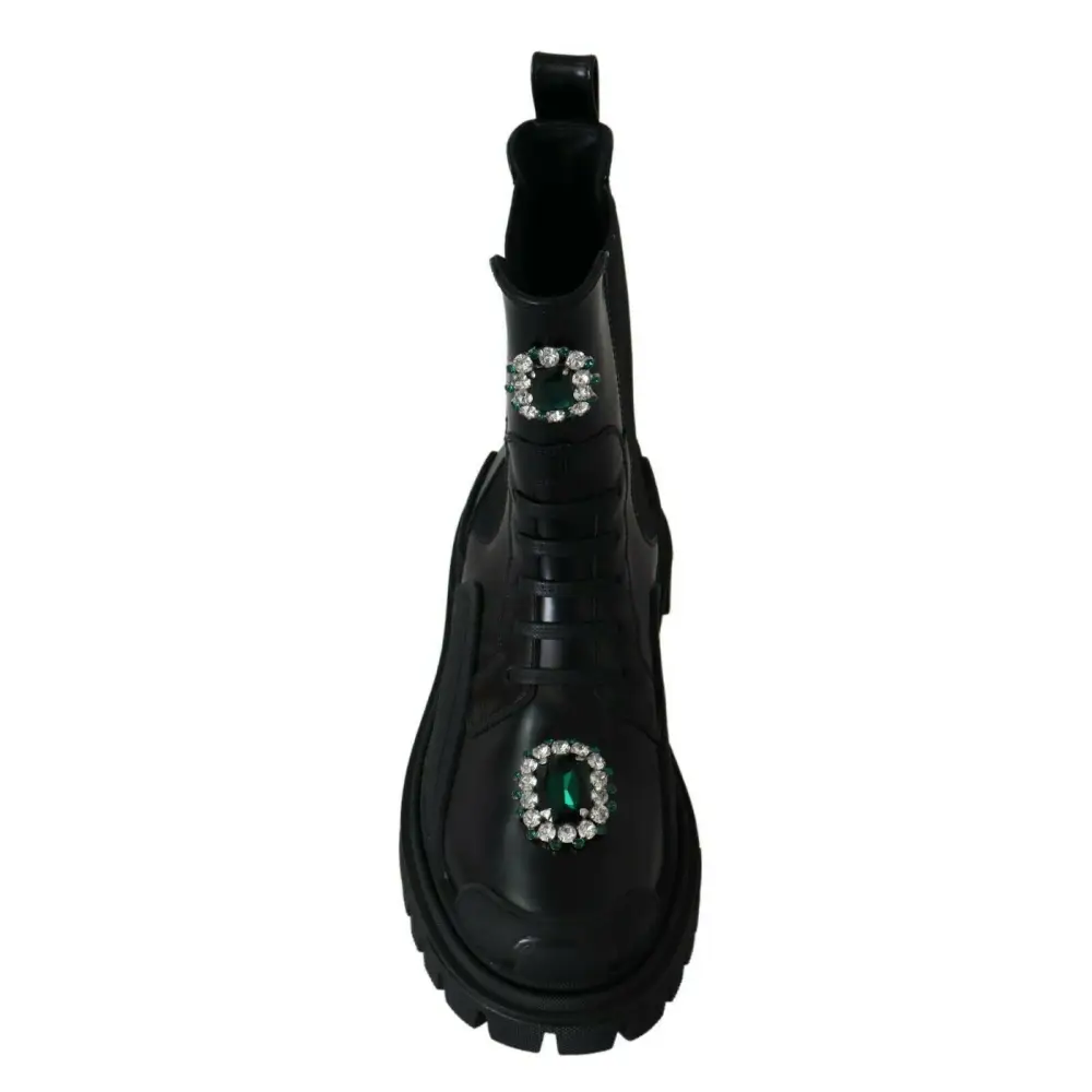 Dolce & Gabbana Schwarze Leder-Kristall-Kampfstiefel - EU35/US4.5