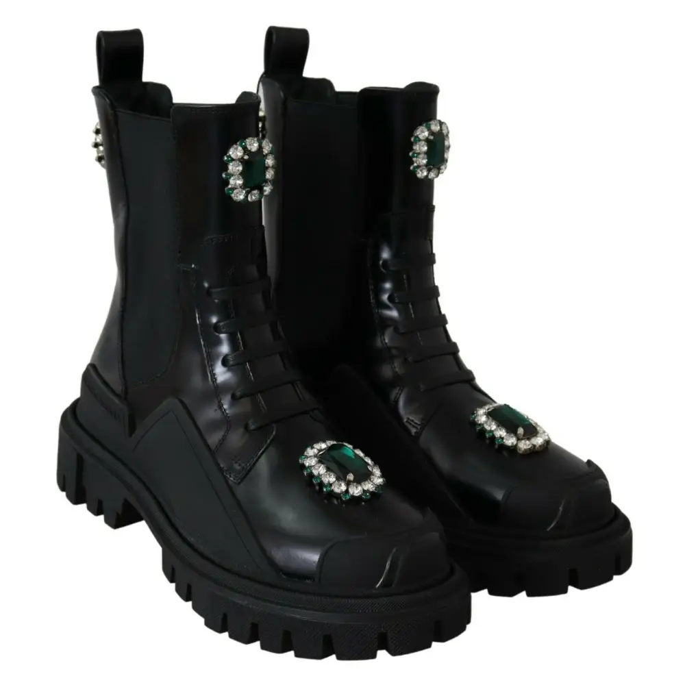 Dolce & Gabbana Schwarze Leder-Kristall-Kampfstiefel - EU35/US4.5