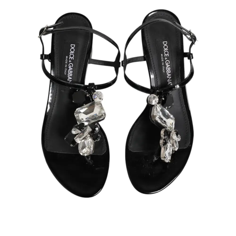 Dolce & Gabbana Schwarze Leder-Kristall-Knöchelriemen-Sandalen Schuhe