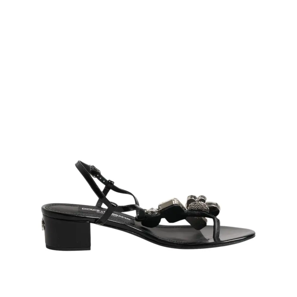 Dolce & Gabbana Schwarze Leder-Kristall-Knöchelriemen-Sandalen Schuhe