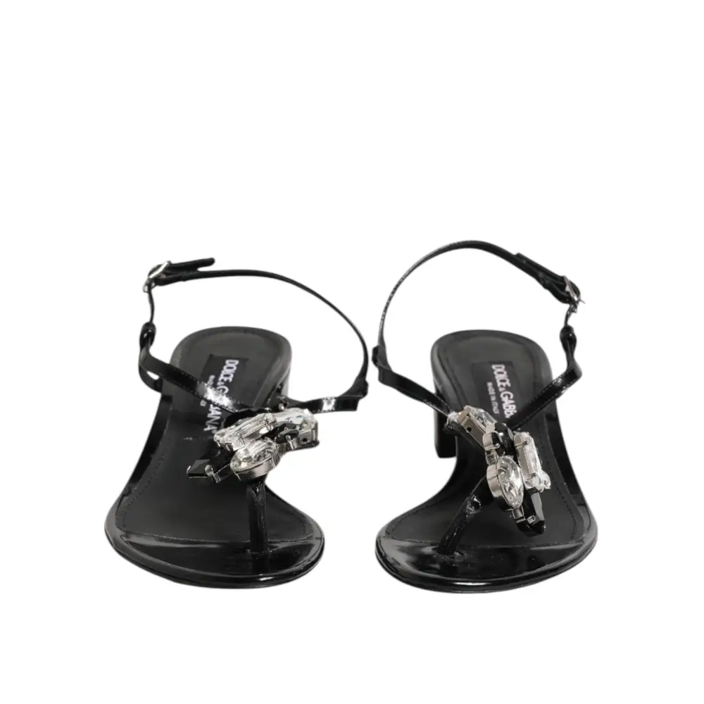 Dolce & Gabbana Schwarze Leder-Kristall-Knöchelriemen-Sandalen Schuhe