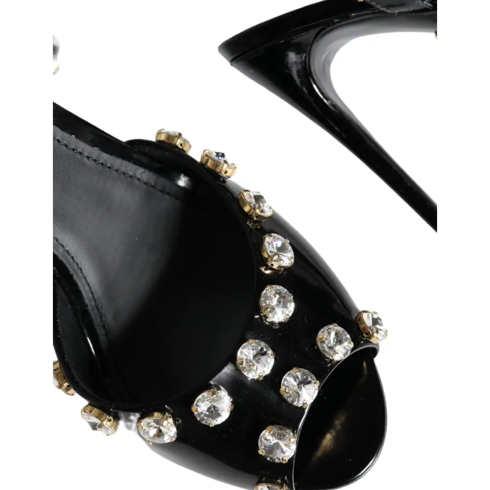 Dolce & Gabbana Schwarze Leder-Kristall-Knöchelriemen-Sandalen Schuhe - EU39/US8.5