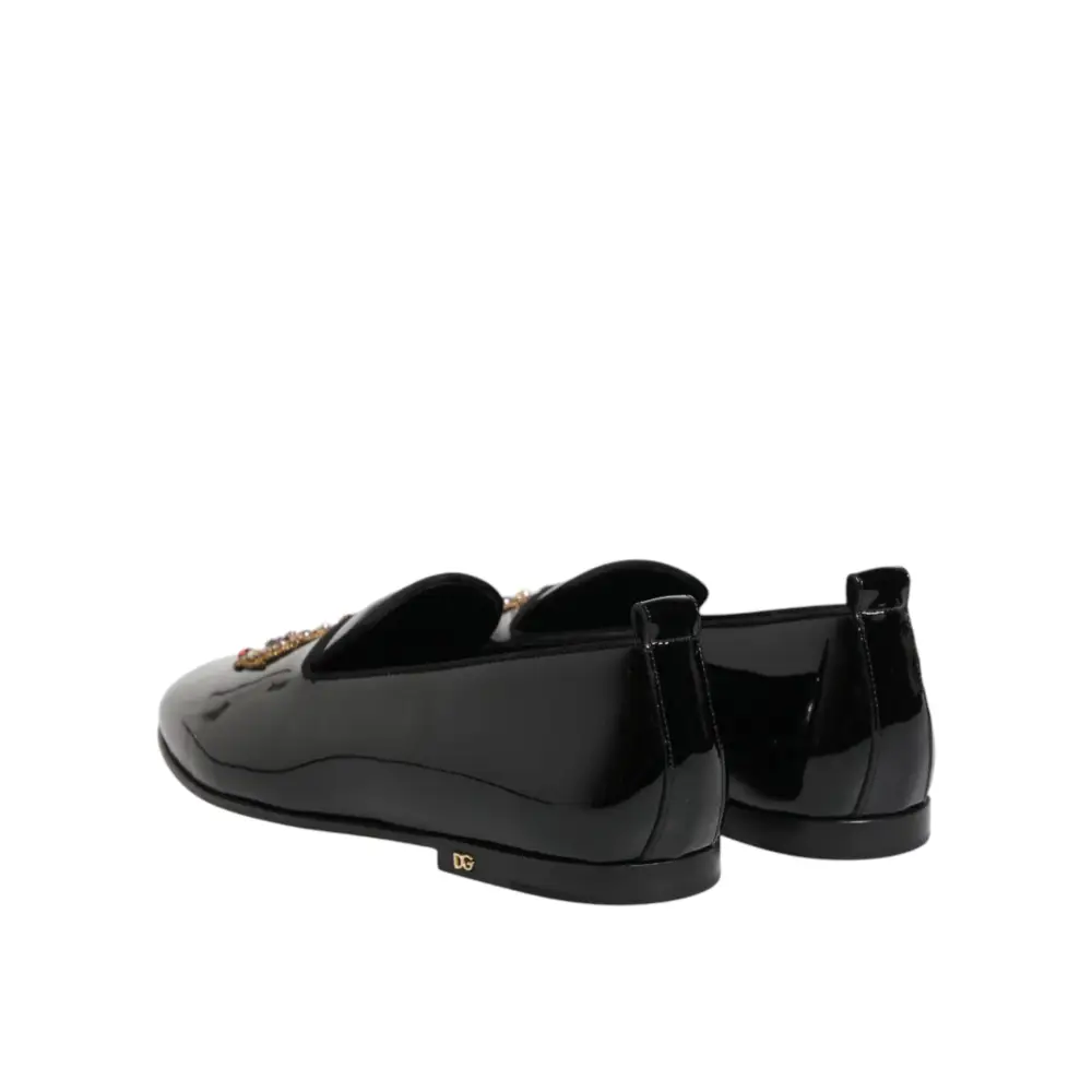 Dolce & Gabbana Schwarze Leder-Loafer mit goldener Krone für Herren - EU43/US10
