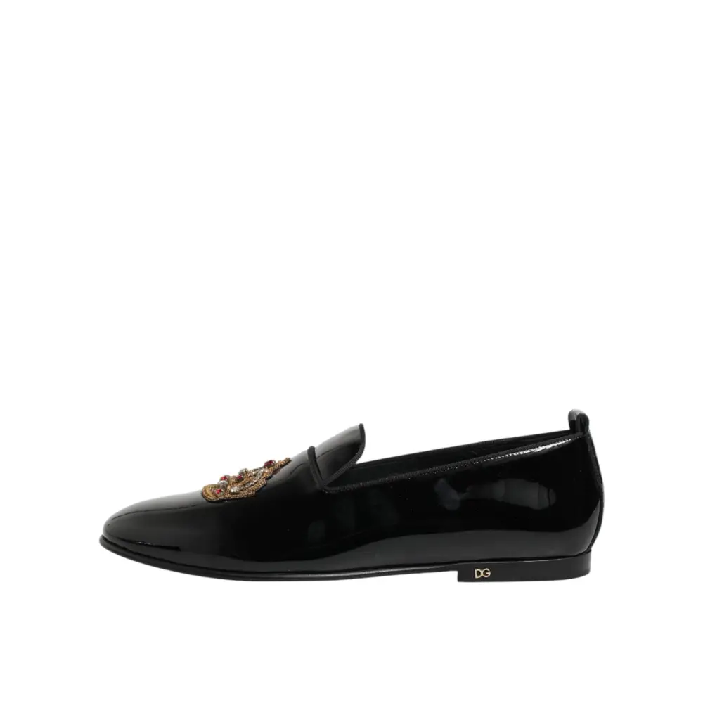 Dolce & Gabbana Schwarze Leder-Loafer mit goldener Krone für Herren - EU43/US10