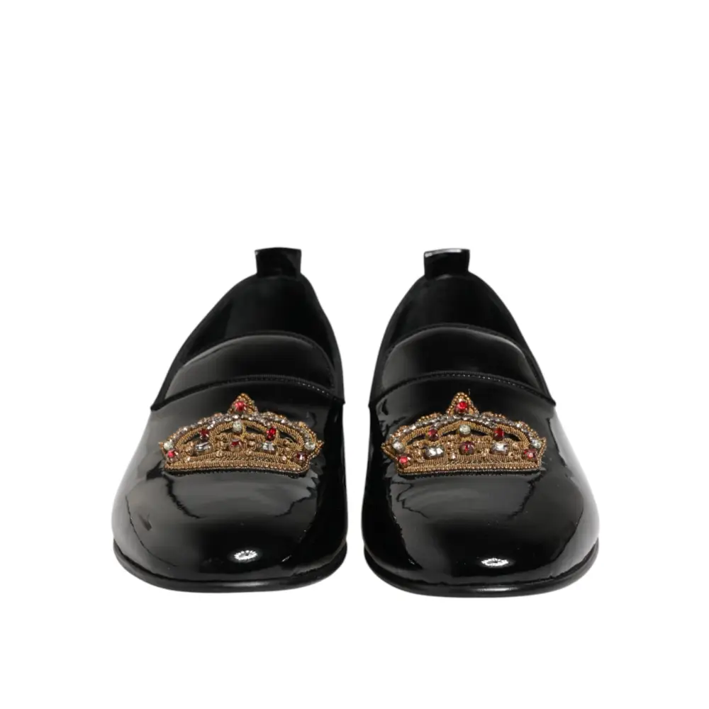 Dolce & Gabbana Schwarze Leder-Loafer mit goldener Krone für Herren - EU43/US10
