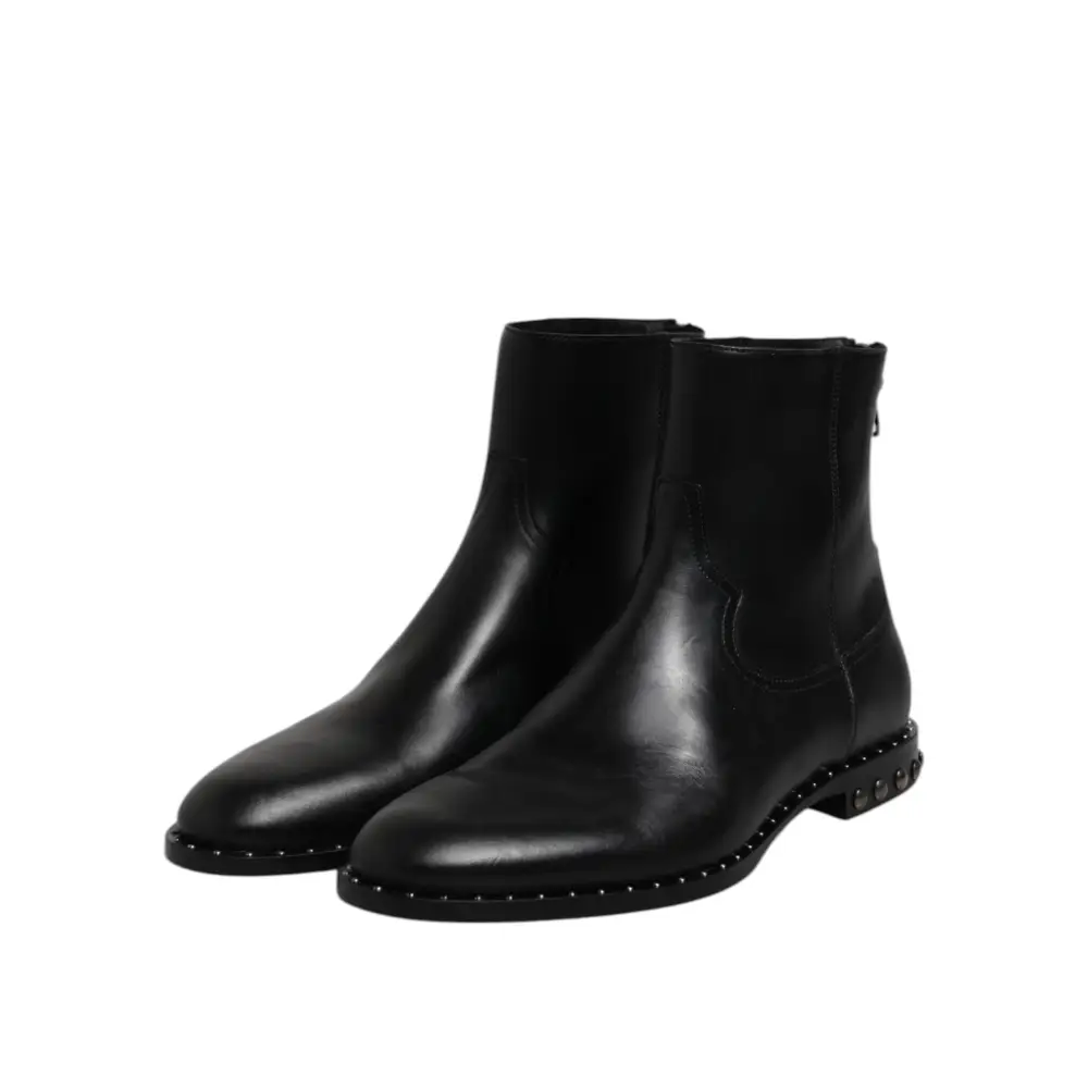 Dolce & Gabbana Schwarze Leder Logo-Stiefeletten Nietenschuhe - EU44/US11