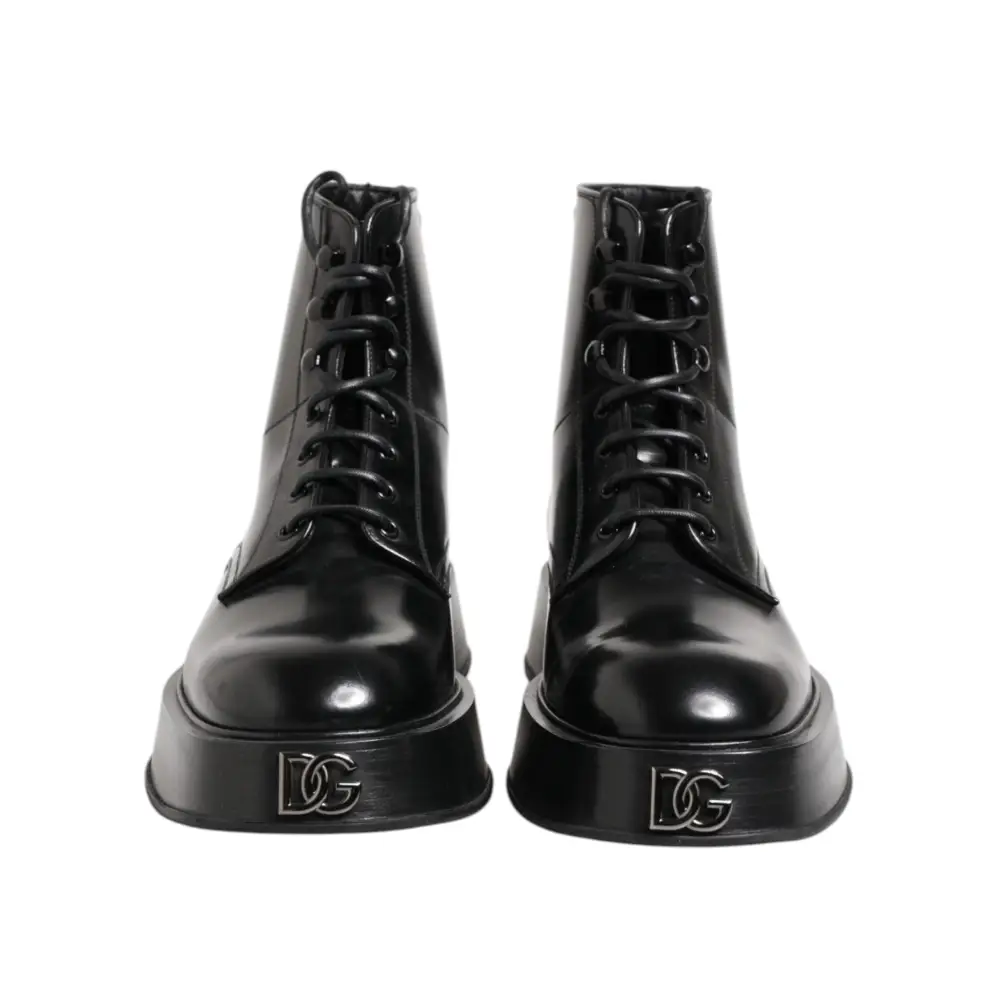 Dolce & Gabbana Schwarze Leder Logo-Stiefeletten Schnürschuhe - EU43/US10