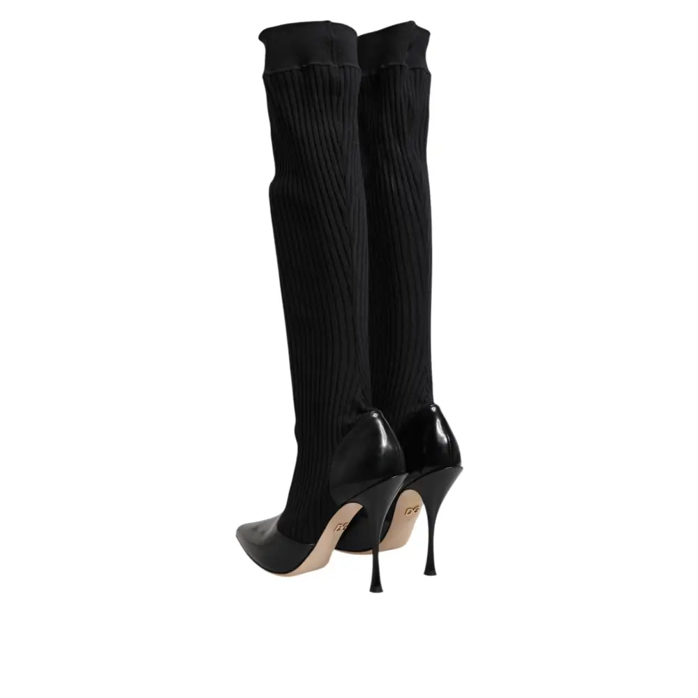 Dolce & Gabbana Schwarze Leder Rippenstrick-Kniestiefel Schuhe