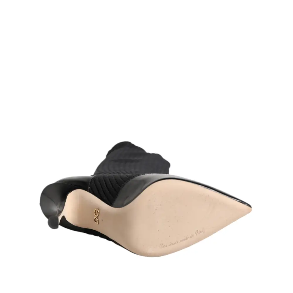 Dolce & Gabbana Schwarze Leder Rippenstrick-Kniestiefel Schuhe
