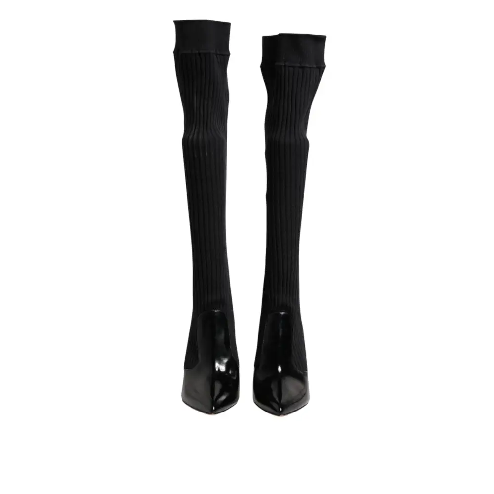 Dolce & Gabbana Schwarze Leder Rippenstrick-Kniestiefel Schuhe
