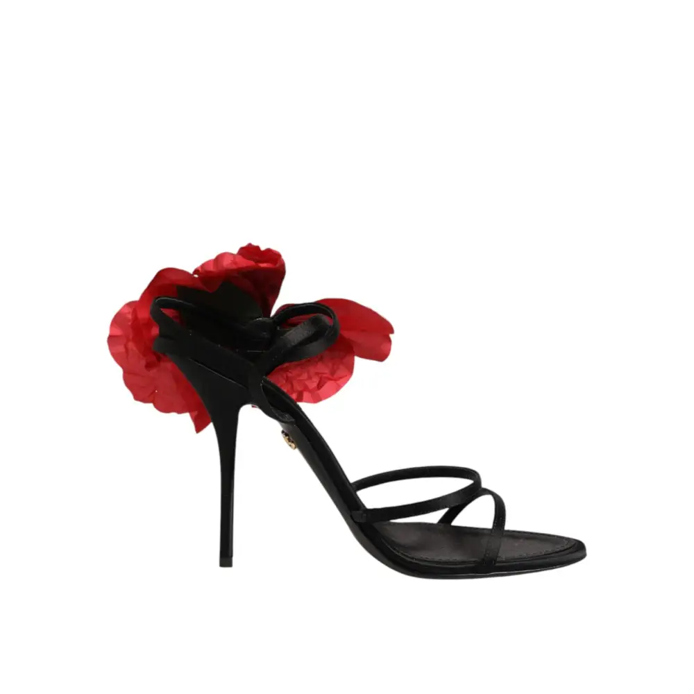 Dolce & Gabbana Schwarze Leder-Sandalen mit Riemchen und Blumen-Applikation - EU39/US8.5