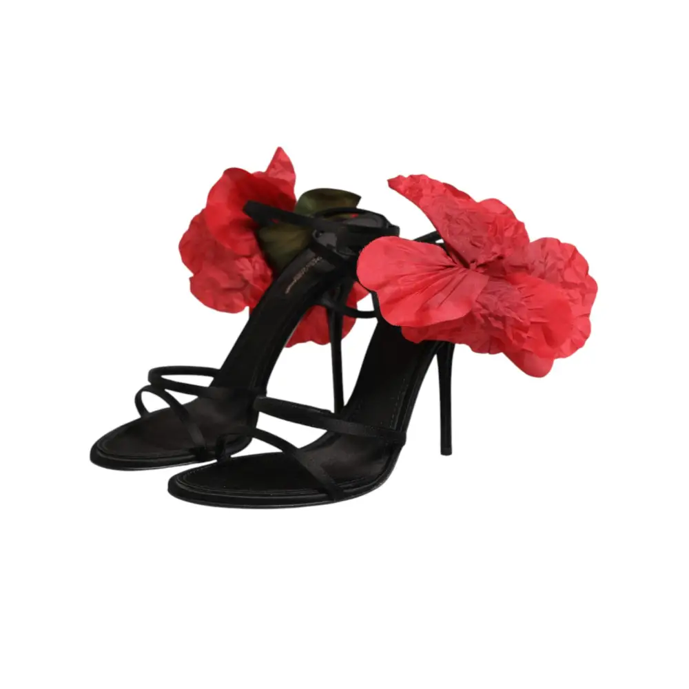Dolce & Gabbana Schwarze Leder-Sandalen mit Riemchen und Blumen-Applikation - EU39/US8.5